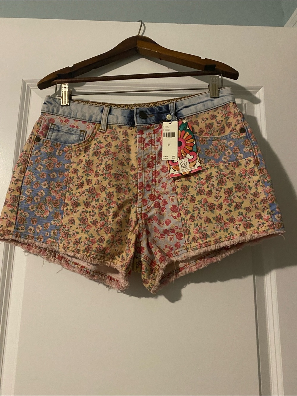 FARM Rio Floral Patchwork Denim Shorts in Pink and Blue